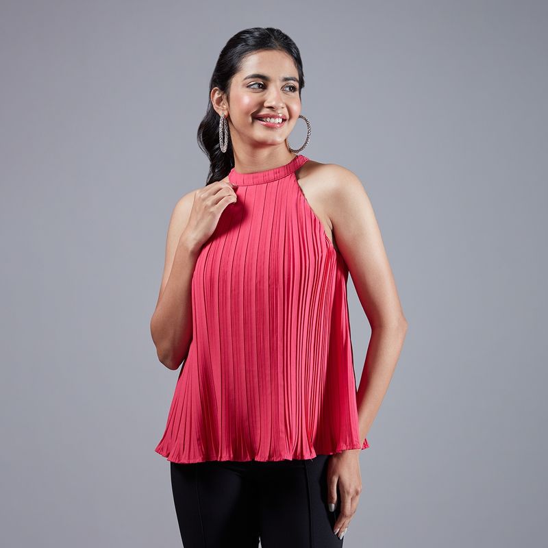 Twenty Dresses by Nykaa Fashion Pink Pleated Halter Neck Tie Up Top (2XL)