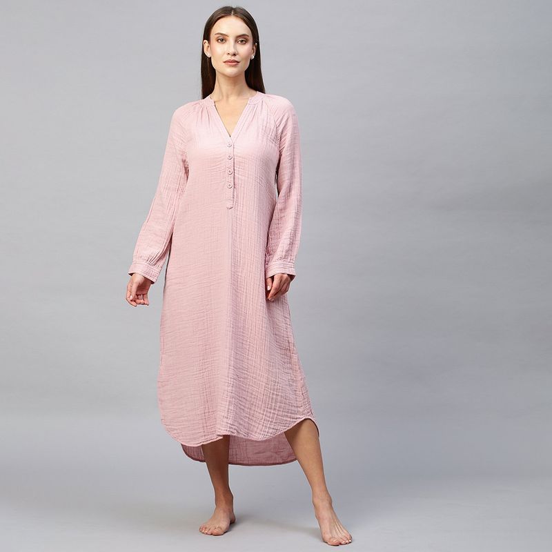 Chemistry Crinkle Double Crepe Cotton Pop Over Lounge Dress-Pink (M)