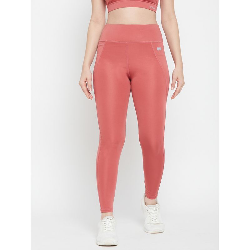 Clovia High Waist Active Tights in Salmon Pink with Side Pocket (S)