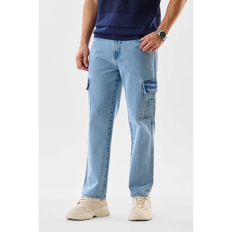 Snitch Light Blue Solid Regular Casual Cargo Jeans for Men (38)