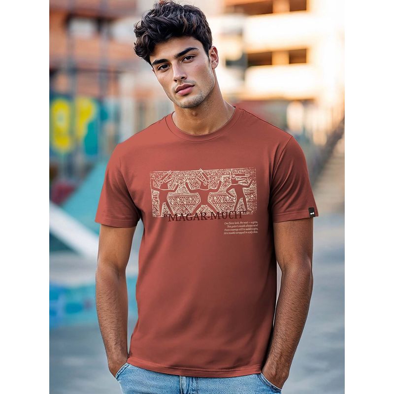 Bewakoof Men's Brick Red Magar Much Graphic Printed T-shirt (L)