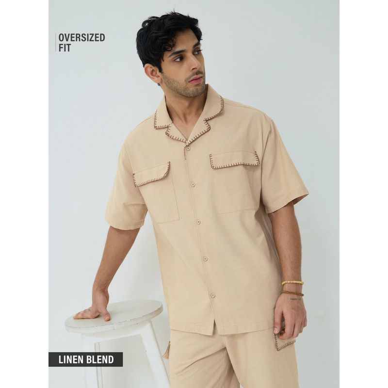 The Souled Store Originals Cotton Linen Utility: Sand Beige Men Oversized Shirt (L)