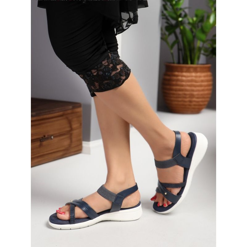 Carlton London Navy Blue Round Toe Solid Women Sandal (EURO 36)