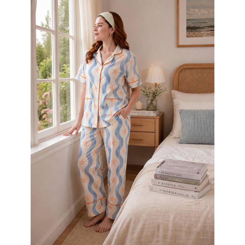 Noite Luxe Seabreeze Stripe Cotton Nightsuit Multi-Color (XS)
