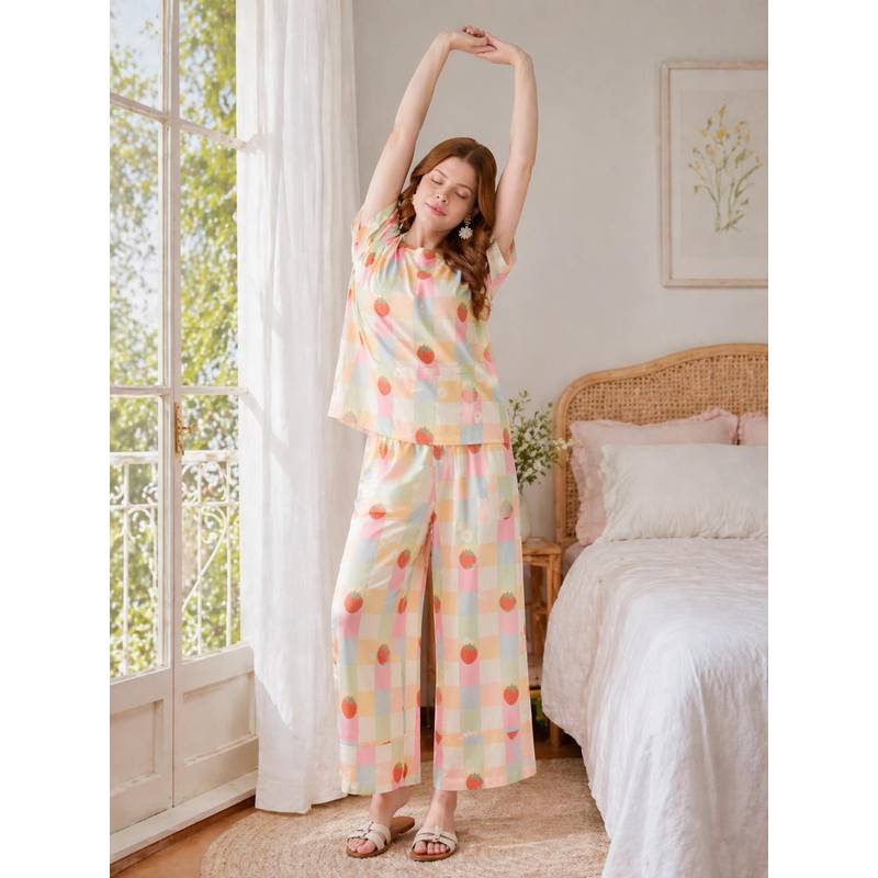 Noite Luxe Strawberry Dream Cut-Sleeve Cotton Nightsuit Multi-Color (XS)