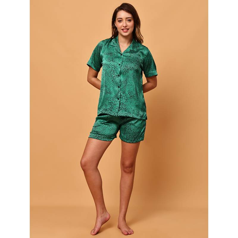 Blissence Green Snake Printed Satin Night Suit (M)