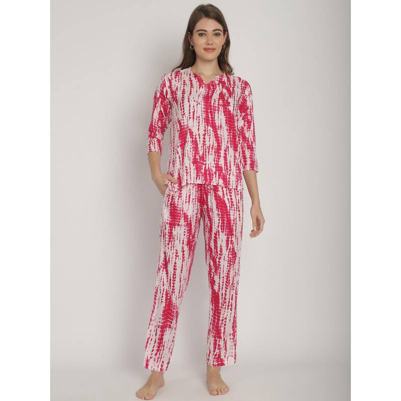 Blissence Pink Tie and Die Printed Round Neck 3/4 Sleeve Nightsuit (S )
