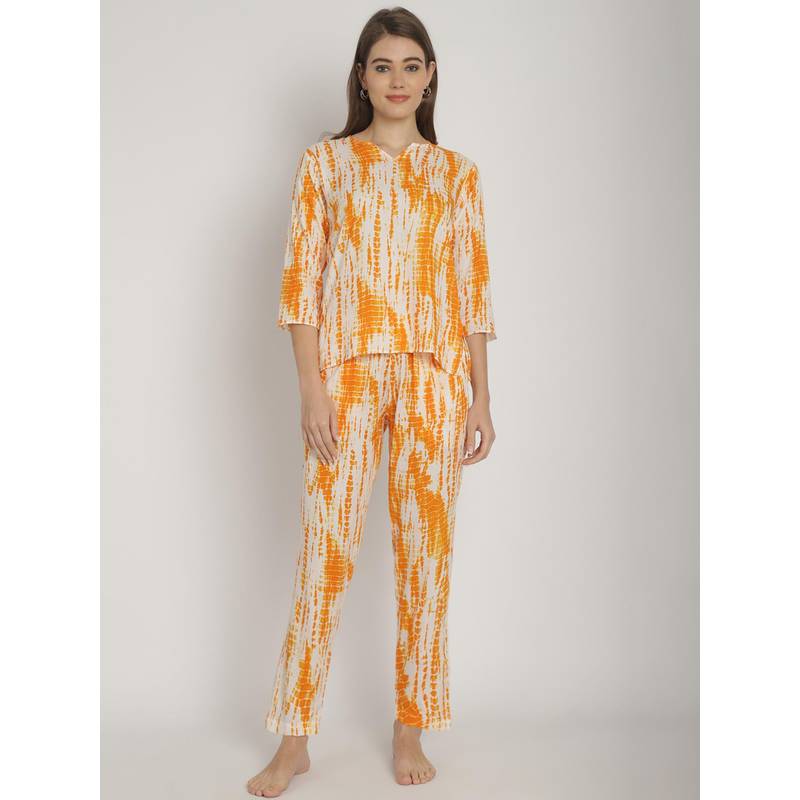 Blissence Yellow Tie and Die Printed Round Neck 3/4 Sleeve Nightsuit (S )