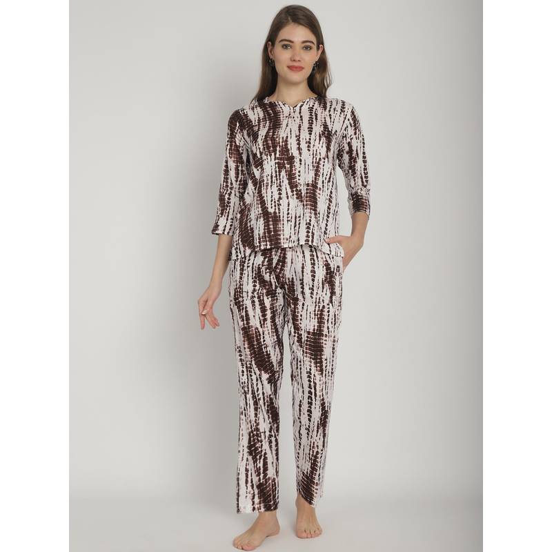 Blissence Brown Tie and Die Printed Round Neck 3/4 Sleeve Nightsuit (S )