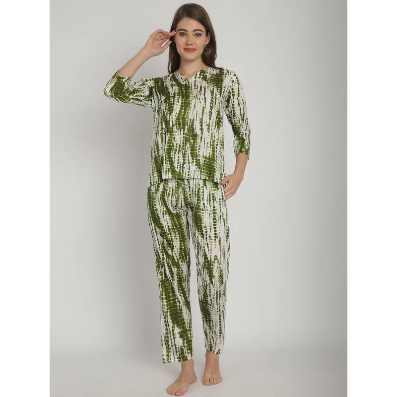 Blissence Green Tie and Die Printed Round Neck 3/4 Sleeve Nightsuit (S )