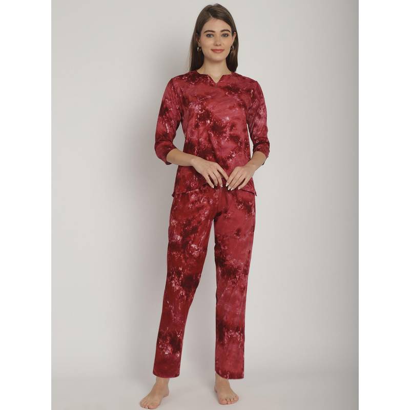 Blissence Maroon Tie and Die Printed Round Neck 3/4 Sleeve Nightsuit (S )