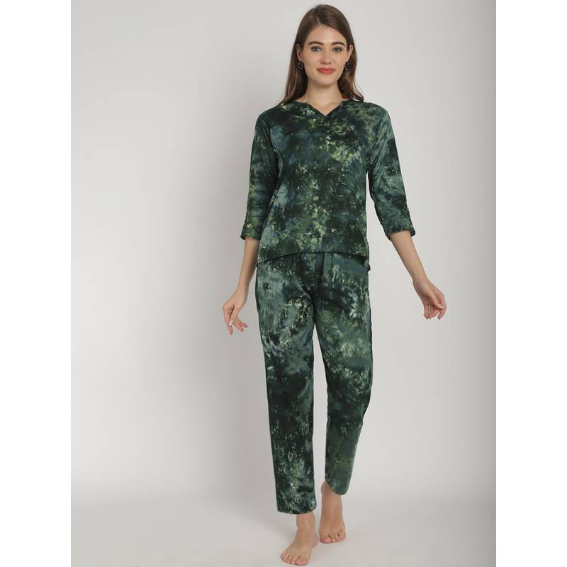 Blissence Dark Green Tie and Die Printed Round Neck 3/4 Sleeve Nightsuit (S )