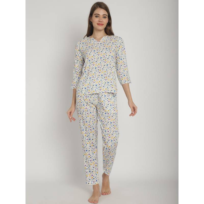Blissence White Floral Printed 3/4 Sleeve Nightsuit (S )