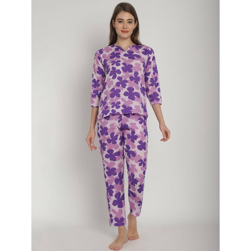 Blissence Purple Floral Printed 3/4 Sleeve Nightsuit (S )