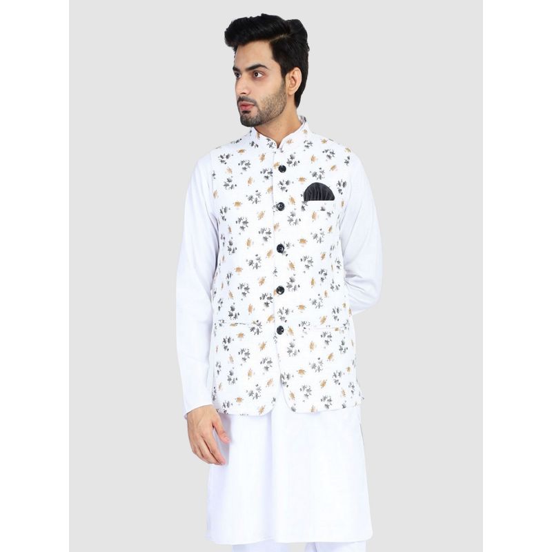 TAHVO Men White Floral Printed Nehru Jacket (38)