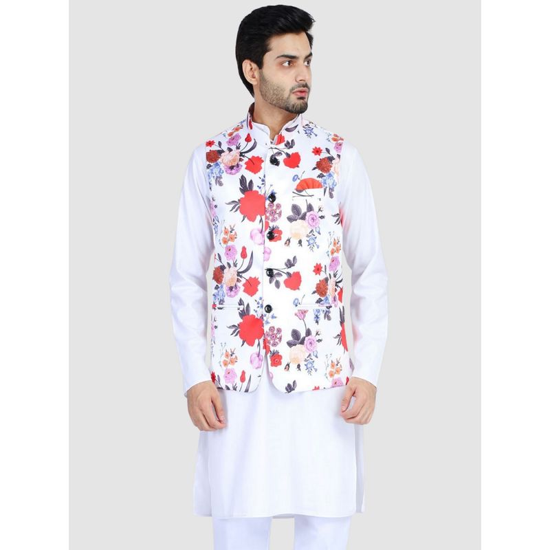 TAHVO Men White Floral Nehru Jacket (38)