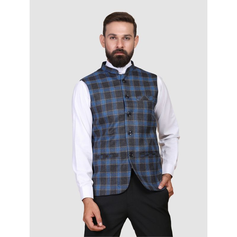 TAHVO Men Blue Checks Nehru Jacket (38)
