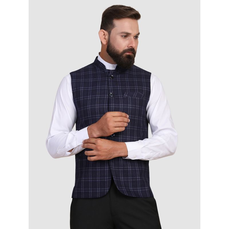 TAHVO Men Navy Blue Tweed Modi Nehru Jacket (38)