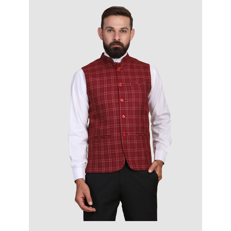 TAHVO Men Maroon Tweed Nehru Jacket (38)