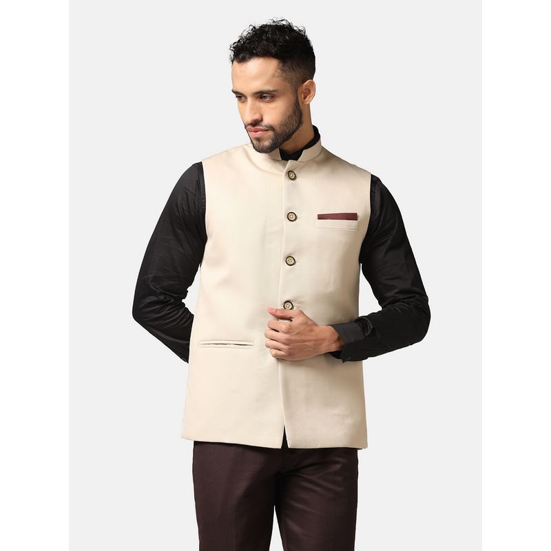 TAHVO Men Beige Solid Nehru Jacket (40)
