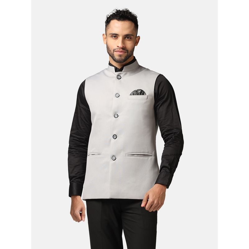 TAHVO Men Light Grey Solid Nehru Jacket (36)