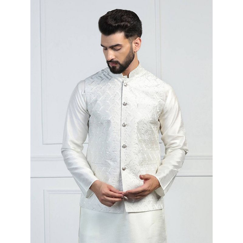 TAHVO Men White Embroidered Nehru Jacket (36)