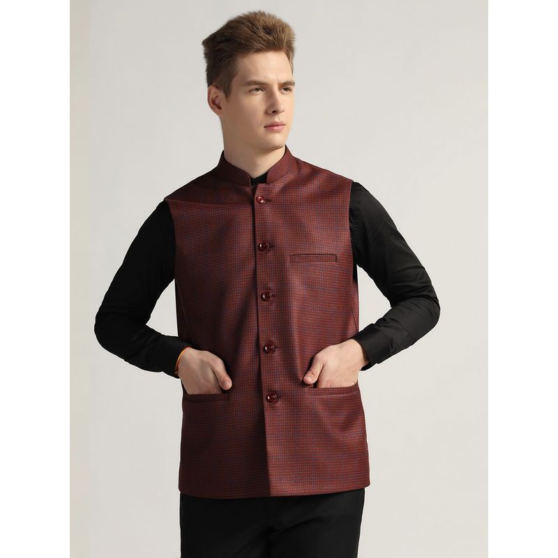TAHVO Men Maroon Tweed Nehru Jacket (38)