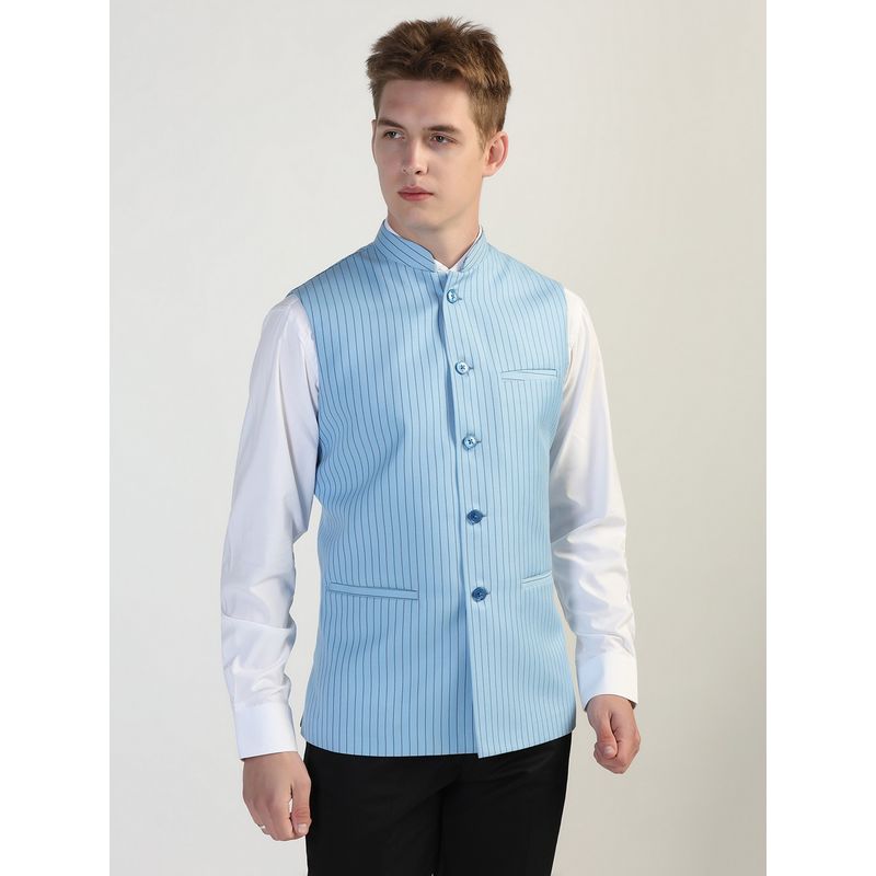 TAHVO Light Blue Striped Nehru Jacket (36)