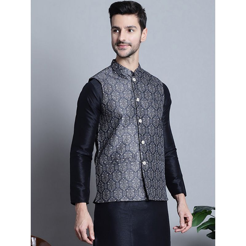Jompers Men Geometric Printed Nehru Charcoal Jacket (S)