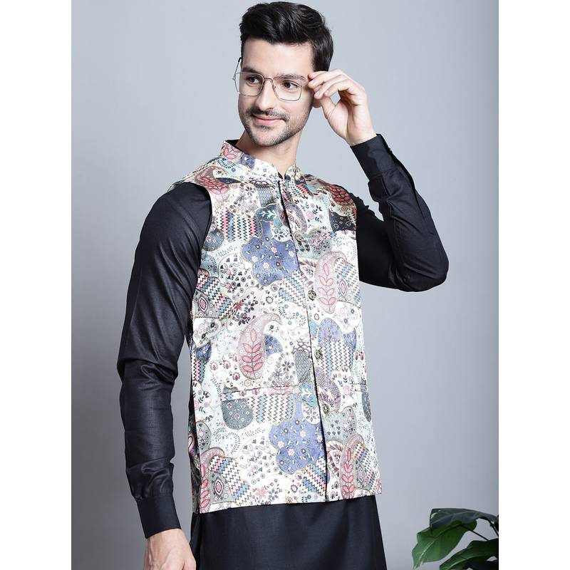 Jompers Men Geometric Printed Off White Nehru Jacket (S)