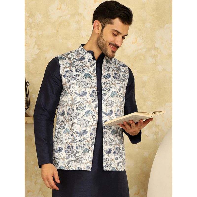 Jompers Floral Printed White Nehru Jacket (S)