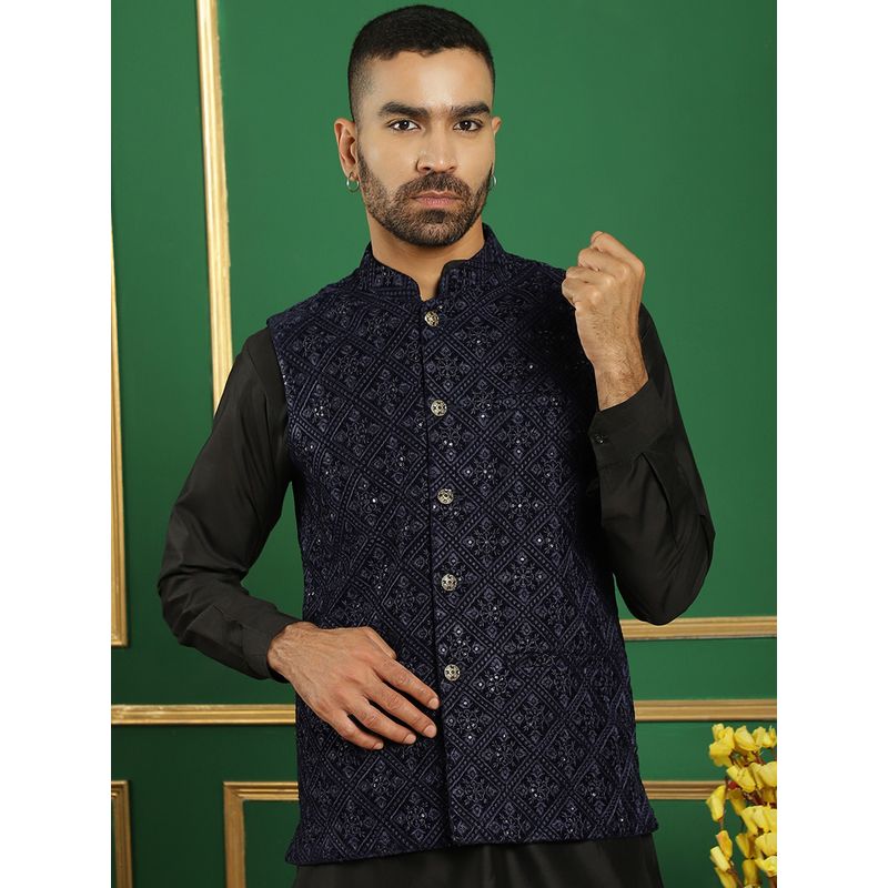 Jompers Men Sequins Velvet Navy Blue Nehru Jacket (S)