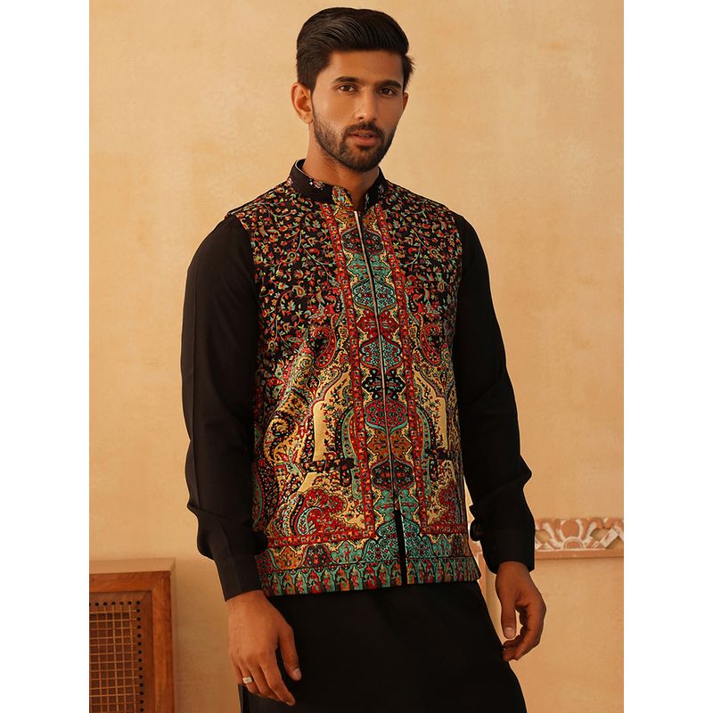 Jompers Printed Velvet Black Nehru Jacket (S)