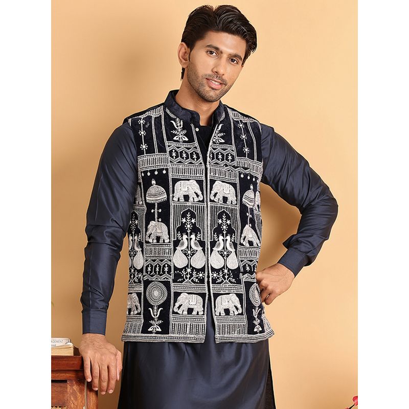 Jompers Men Embroidered Velvet Navy Blue Nehru Jacket (M)