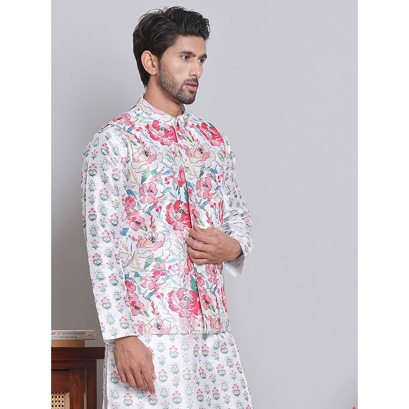 Jompers Men Digital Floral Printed White Nehru Jacket (S)