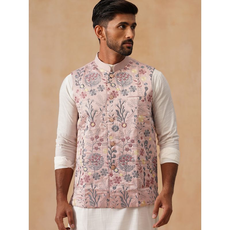 Jompers Floral Embroidered Silk Blend Peach Nehru Jacket (S)