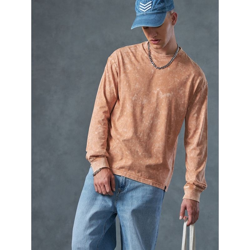 Bewakoof Men's Orange Oversized Acid Wash T-shirt (S)