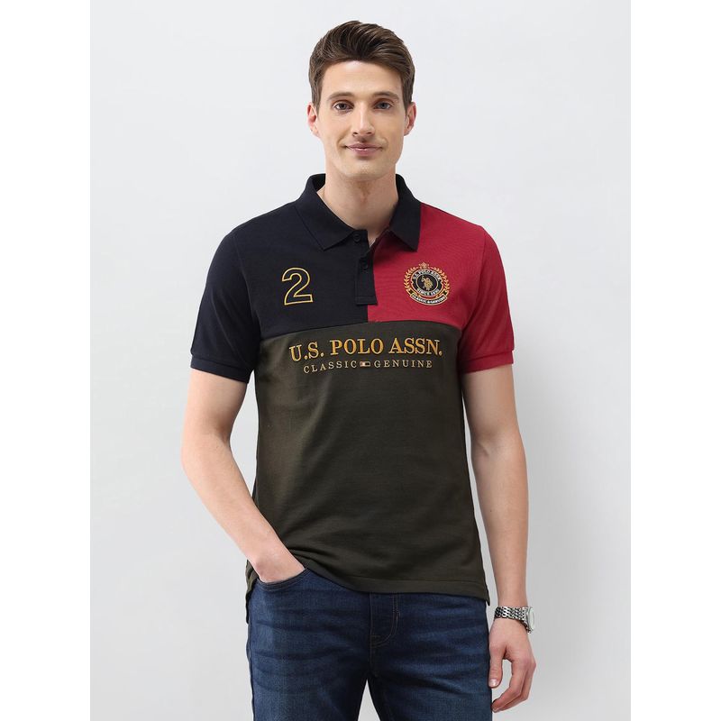 U.S. POLO ASSN. Green Colourblocked Brand Embroidered Slim Fit Polo T-Shirt (L)