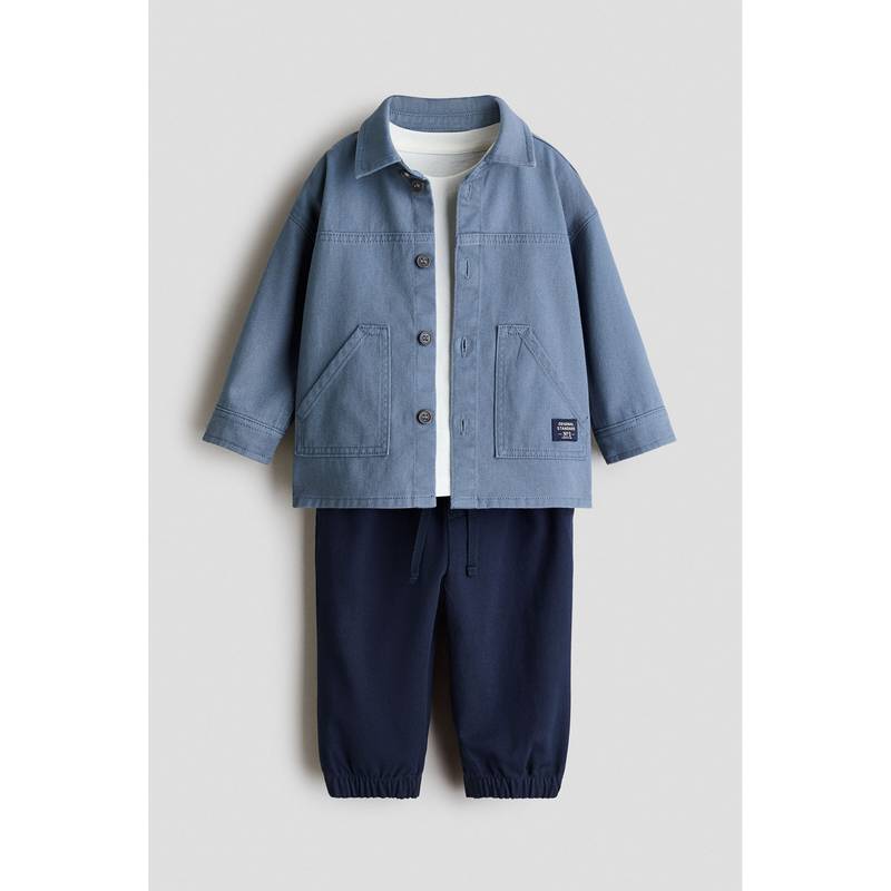 H&M Boys Blue 3-Piece Cotton T-Shirt with Shirt and Joggers (4-6 Months)