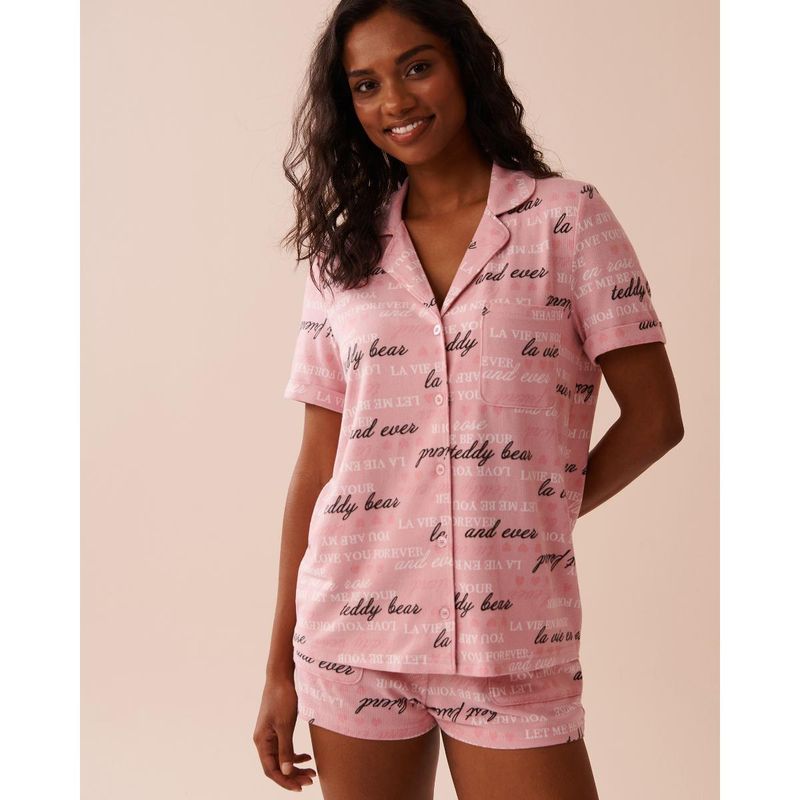 La Vie En Rose Heart and Letter Print Recycled Fibers Button Down Loungewear Shirt (S)