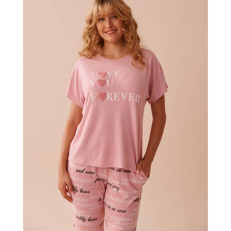 La Vie En Rose Heart and Letter Print Recycled Fibers Crew Neck Loungewear T-Shirt (S)