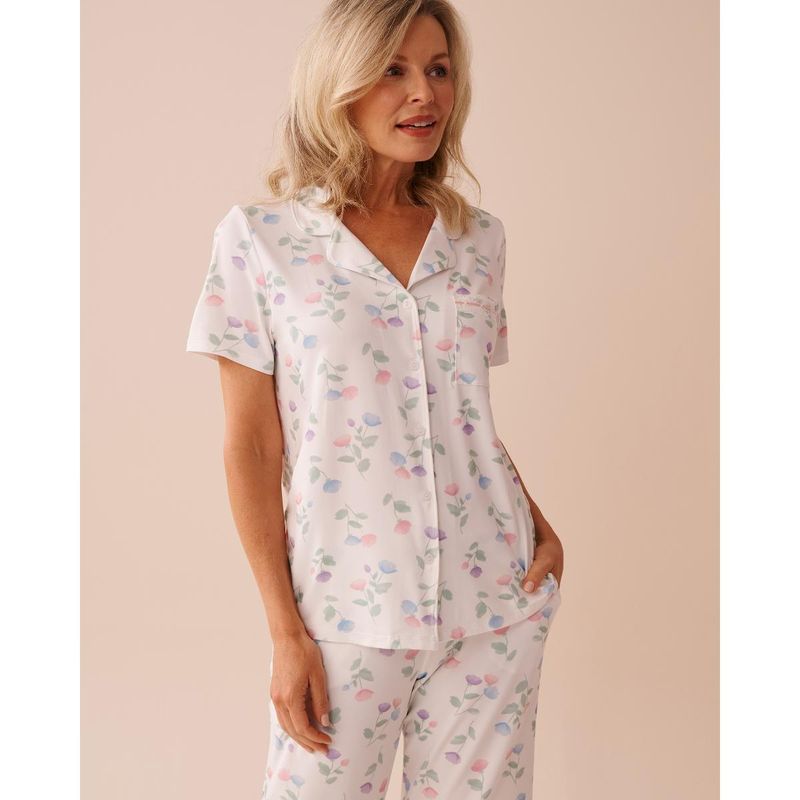 La Vie En Rose Tulip Print Super Soft Button Down Loungewear Shirt (L)
