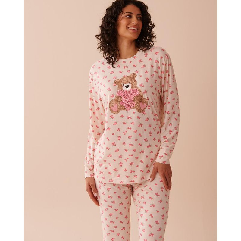La Vie En Rose Teddy Bear and Rose Print Super Soft Long Sleeve T-Shirt (L)