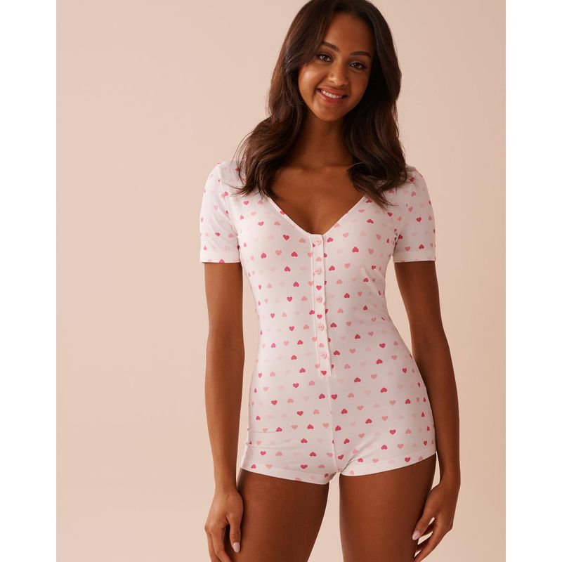 La Vie En Rose Heart Print Super Soft Short Sleeve Romper (XS)
