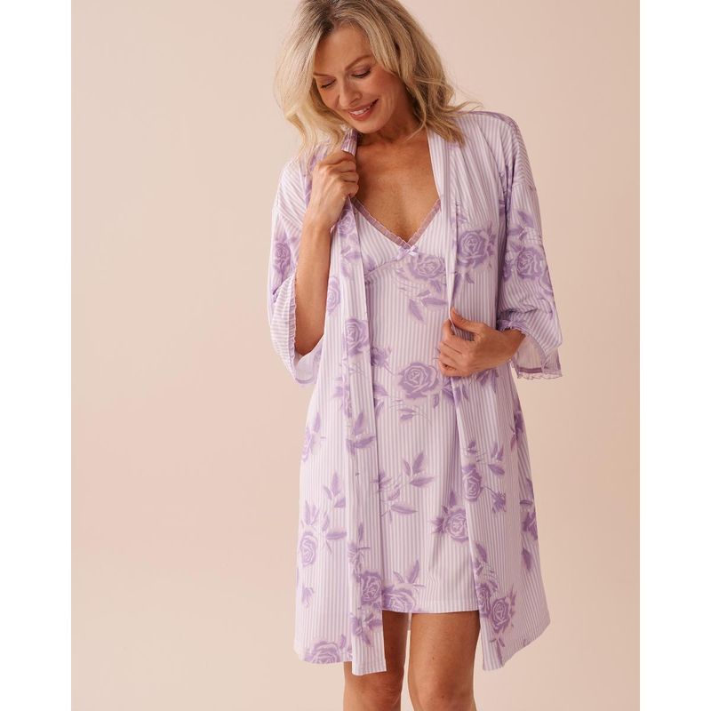 La Vie En Rose Lilac Rose Print Super Soft Kimono Wrap (L)