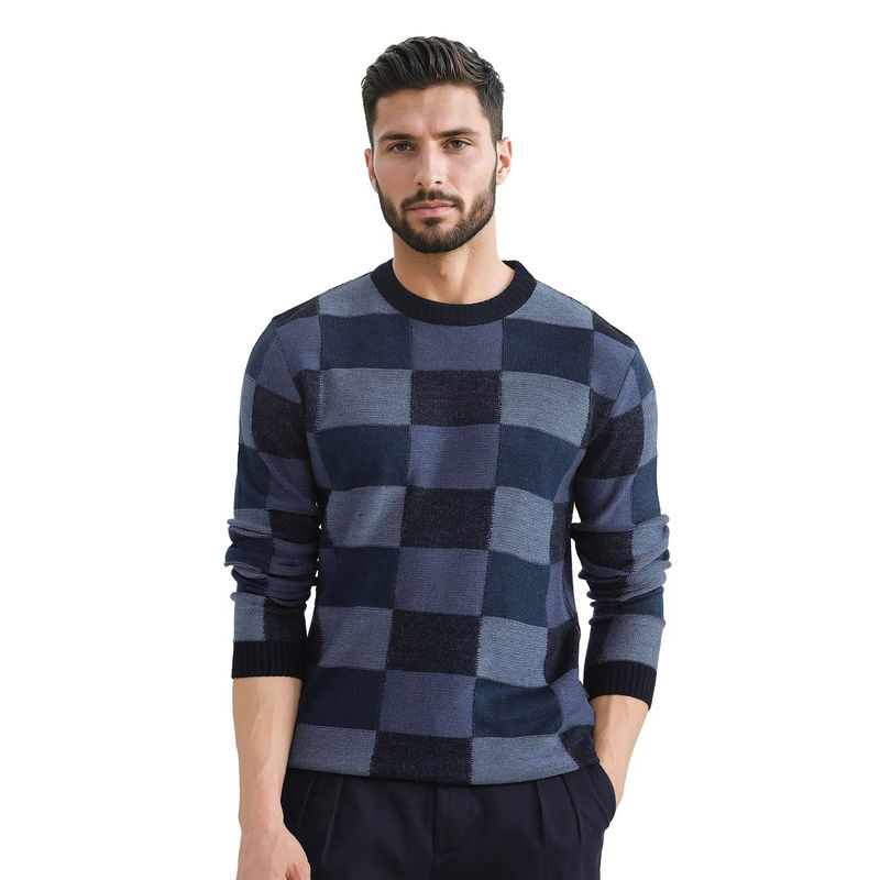 Rare Rabbit Boaz Blue Jacquard Regular Fit Sweater (XL)
