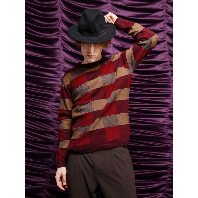 Rare Rabbit Boaz Red Jacquard Regular Fit Sweater (S)