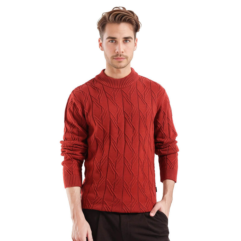Rare Rabbit Caloz Rust Textured Regular Fit Sweater (L)