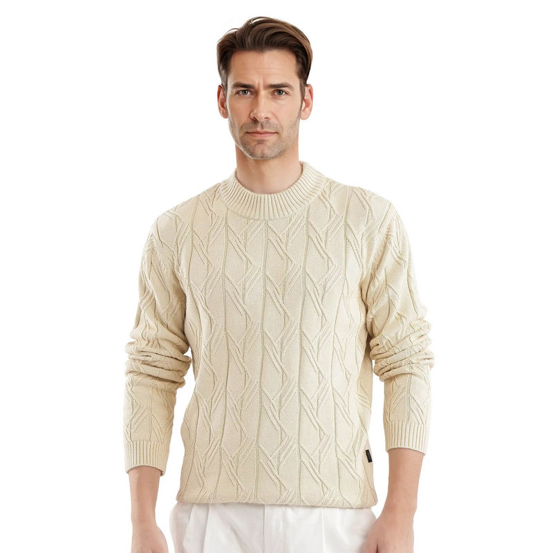 Rare Rabbit Caloz Cream Textured Regular Fit Sweater (M)