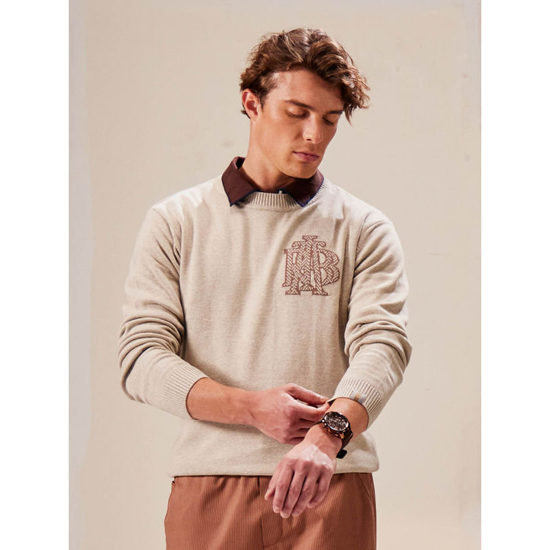 Rare Rabbit Destin Beige Jacquard Regular Fit Sweater (2XL)